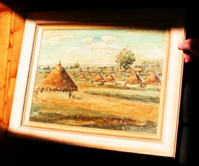 Tengeru, snow-capped Kilimanjaro in the distance, painted by an itinerant artist soon after the first refugees arrived.