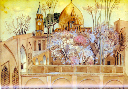 Artwork by Isfahan student Helena Waszczuk, 1944 Inscription at bottom reads: Armenian Cathedral & Museum The view from my terrace in Isfahan 7/44