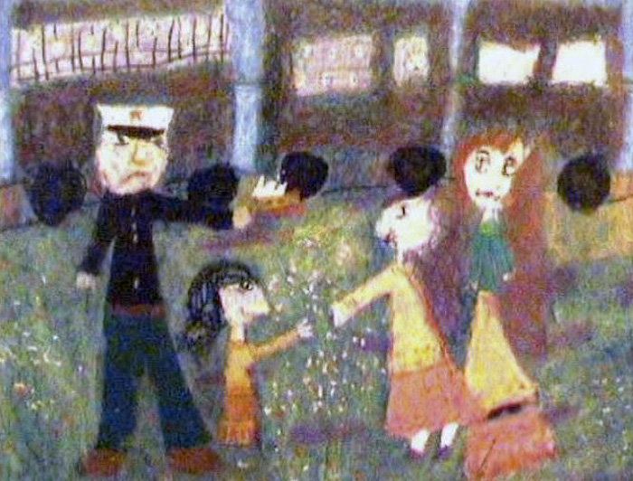 The documentary features children's artwork: Here, a deportation scene. 